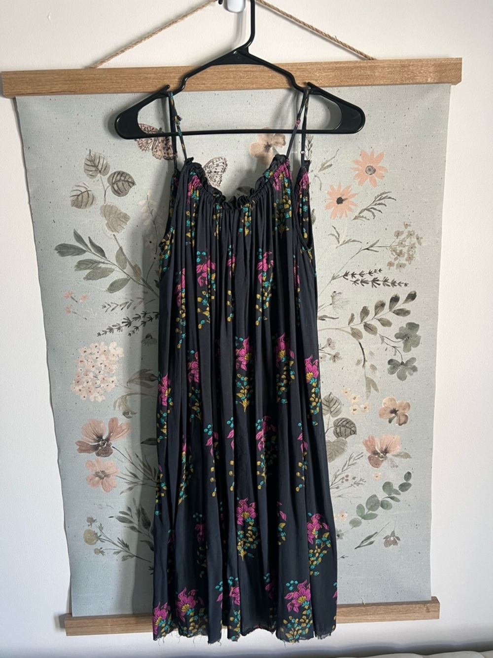 Anthropologie Black Floral Backless Sundress with Pink & Teal Accents